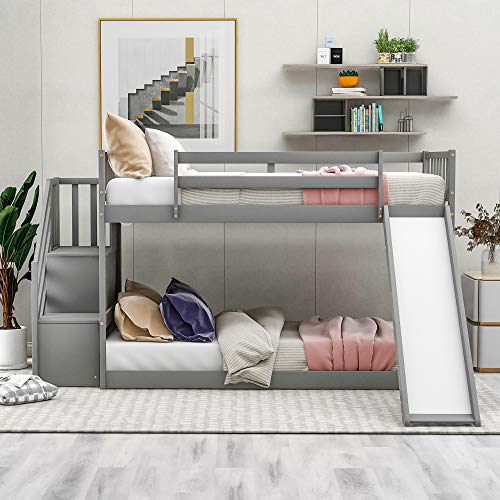 Twin Over Twin Solid Wood Bunk Bed with Slide and Storage Stairs P776411