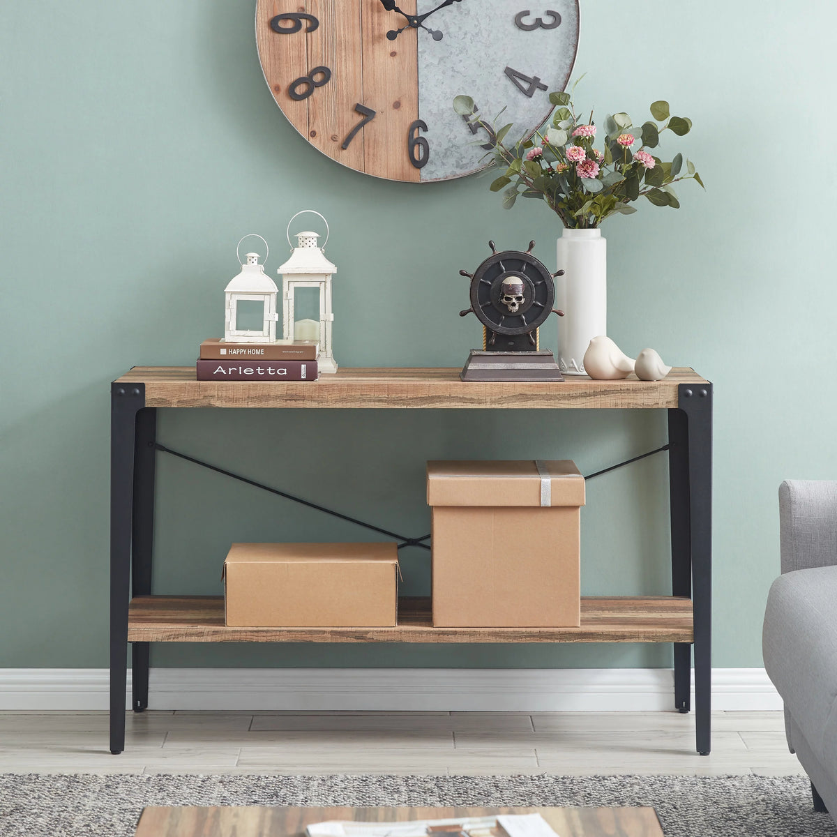 Industrial Console Table with Metal Legs and Distressed Wood Finish T734