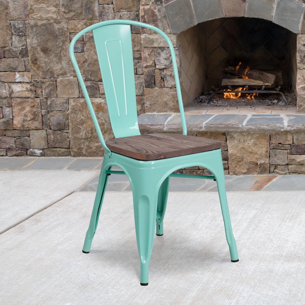 Mint Green Metal Stackable Chair with Wood Seat C4235