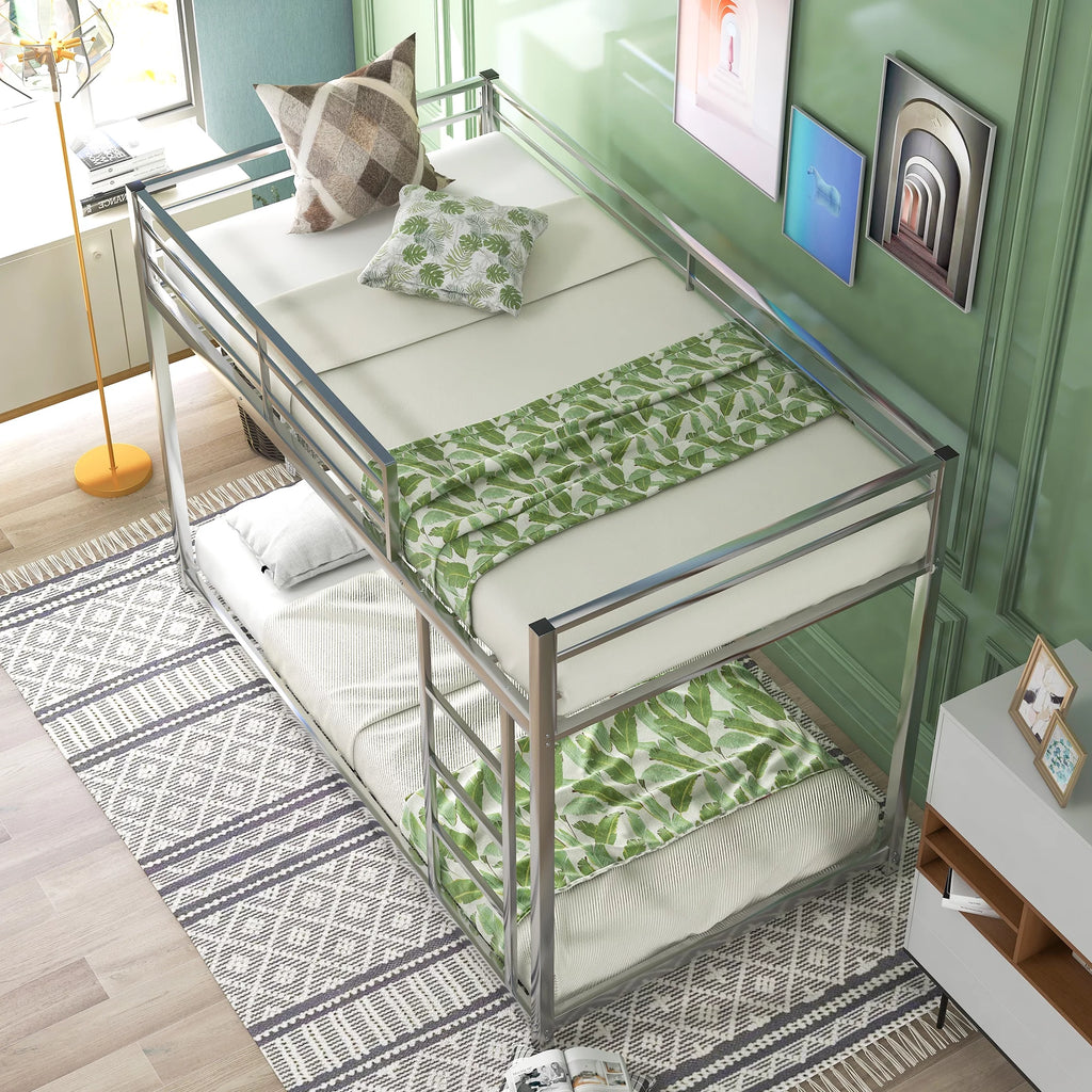 Metal Twin over Twin Low Bunk Bed with Ladder and Safety Guardrails H62058