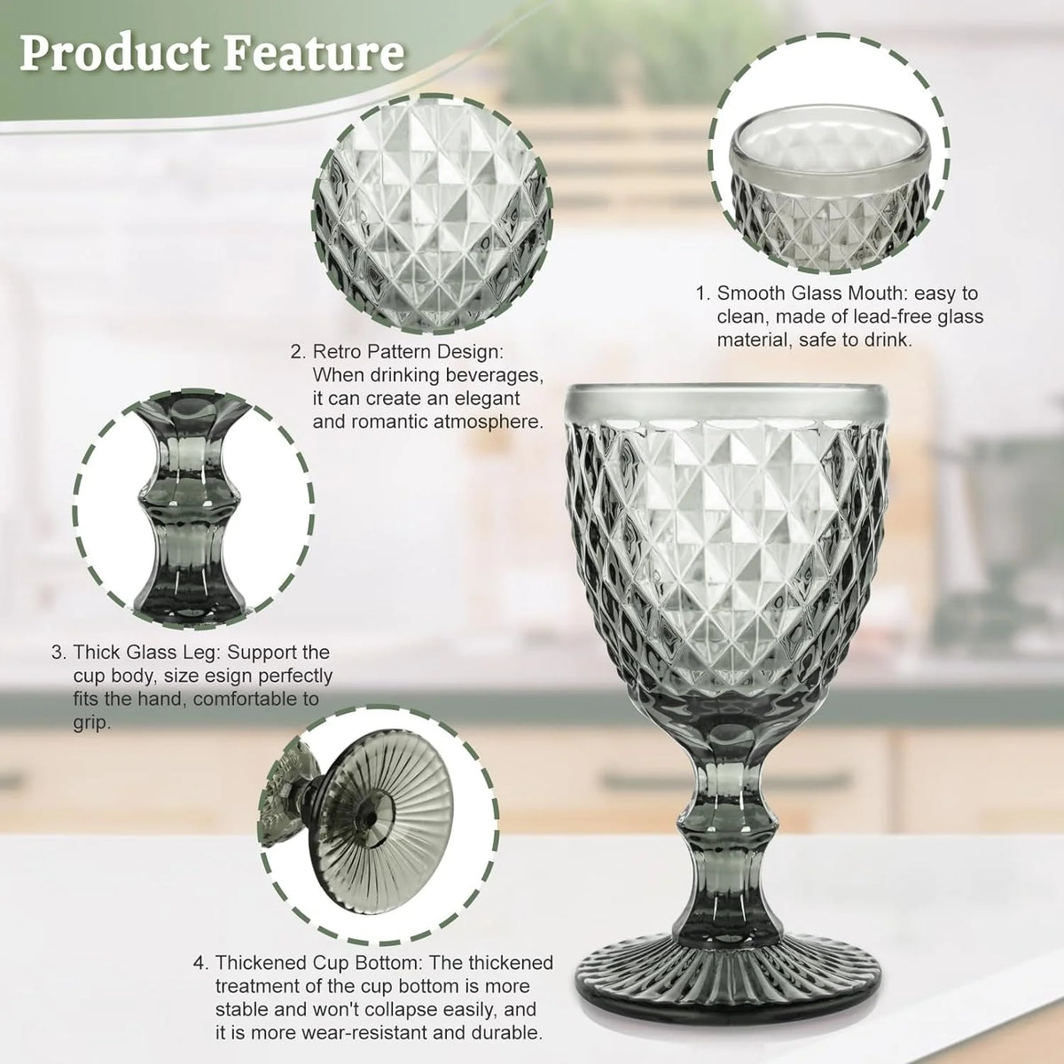 Smoke Gray Diamond Pattern Wine Glass Set of 6 U737642