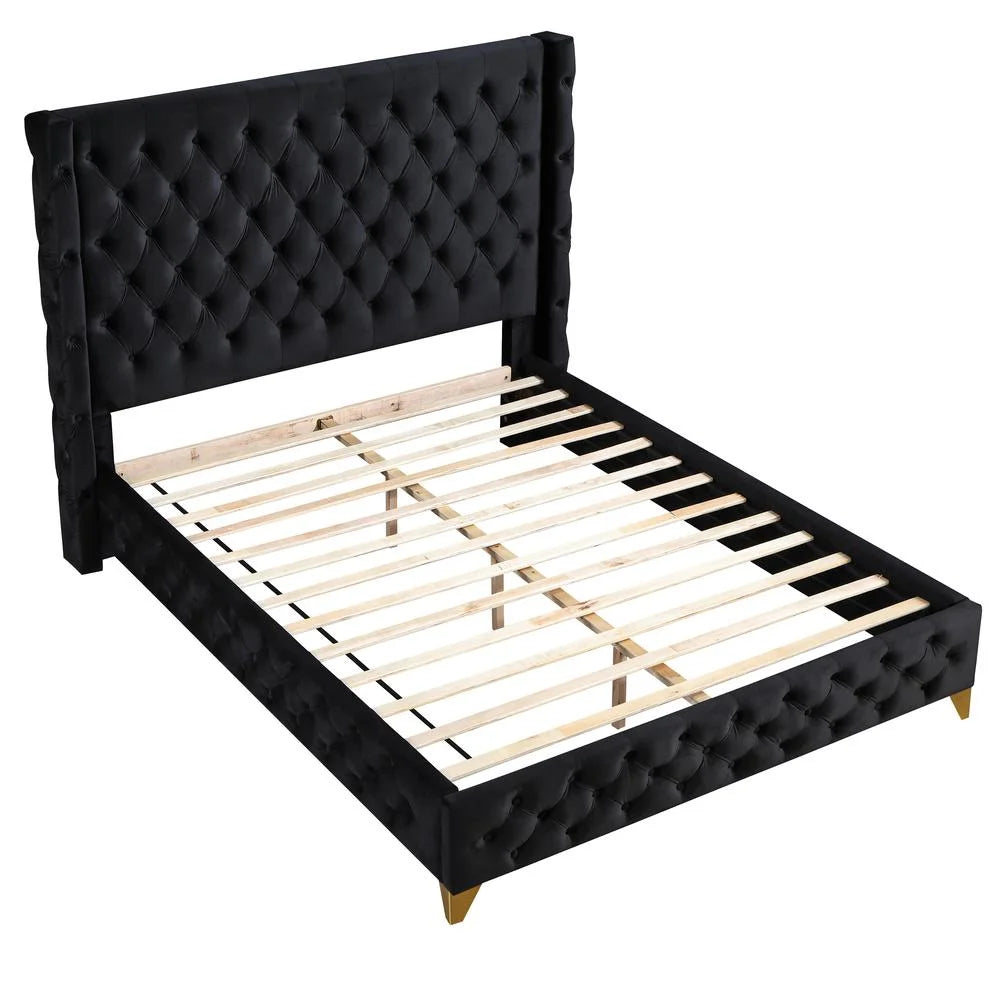 King Platform Bed with Black Velvet Upholstery C3726