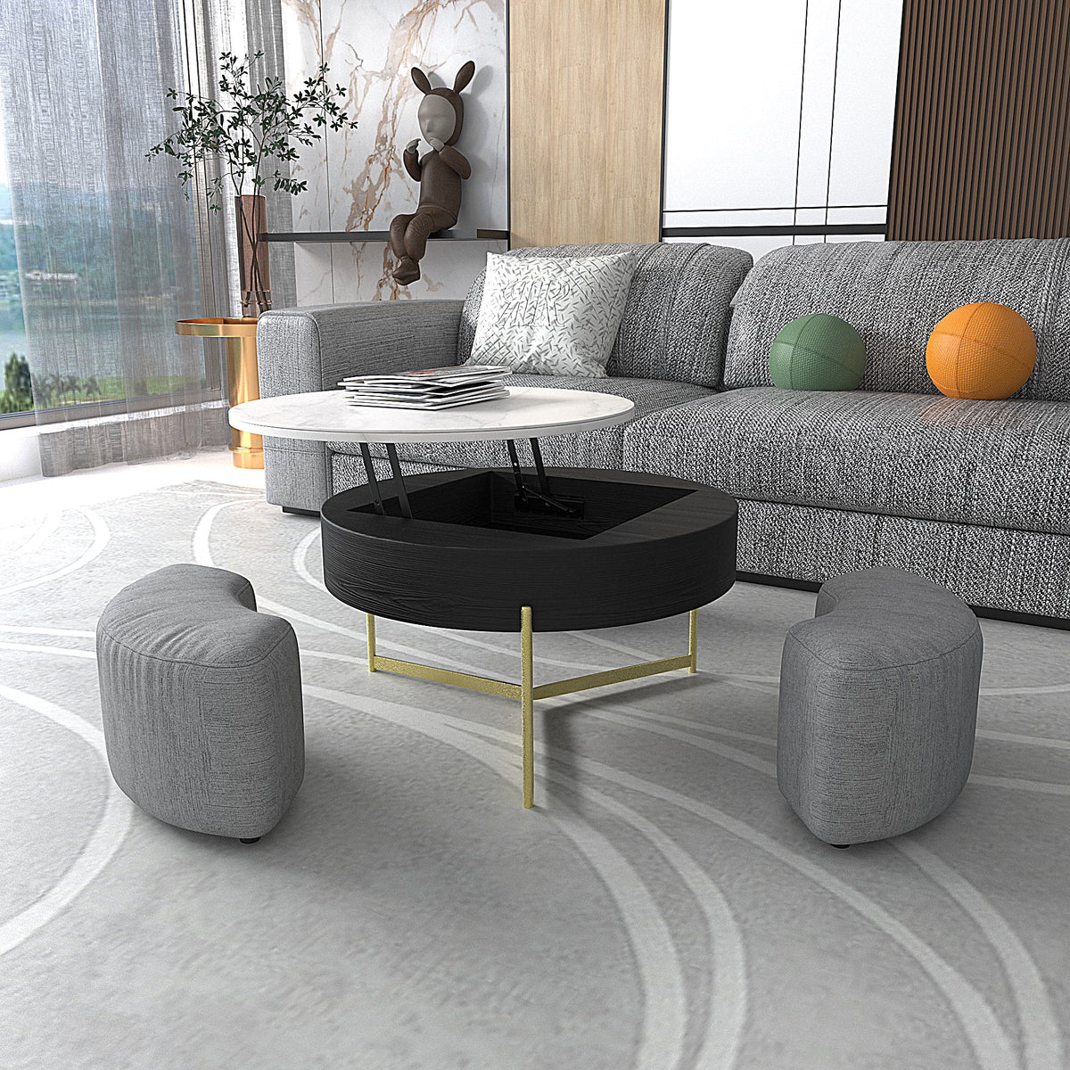 Lift-Top Coffee Table with 3 Stools White Black D4137