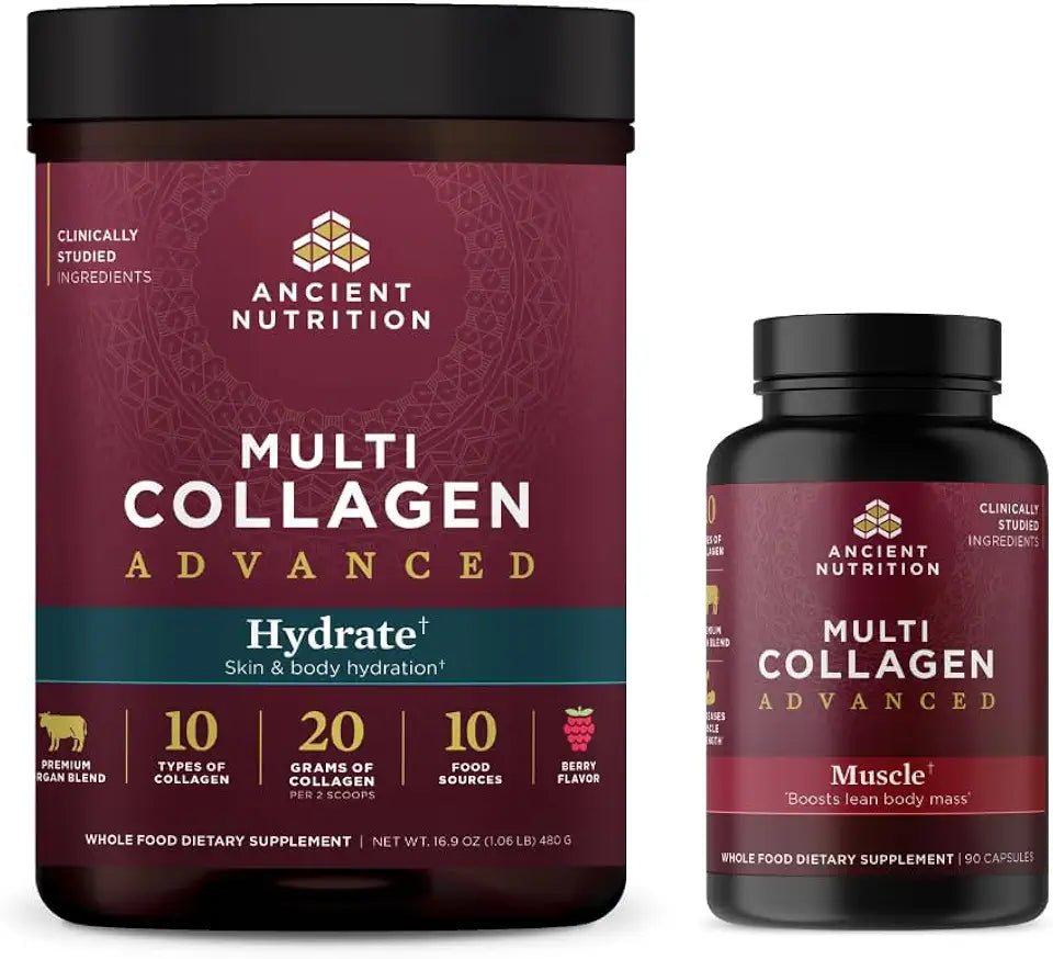 Multi Collagen Advanced Powder Hydrate Mixed Berry 30 Servings + Capsules Muscle 90 Count V112