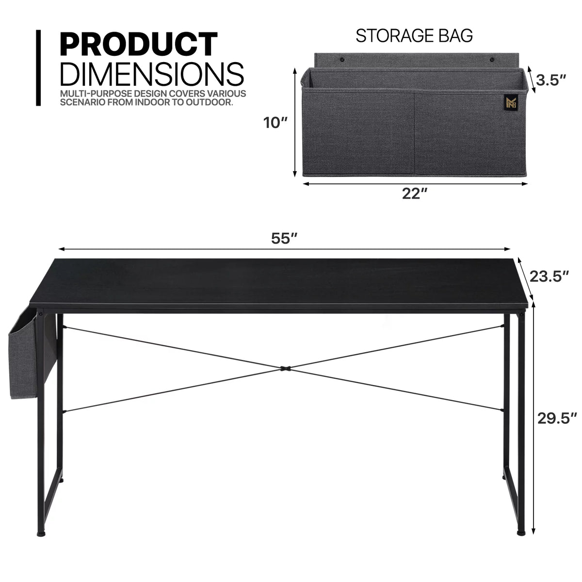 55" Black Computer Desk with Storage Bag T139