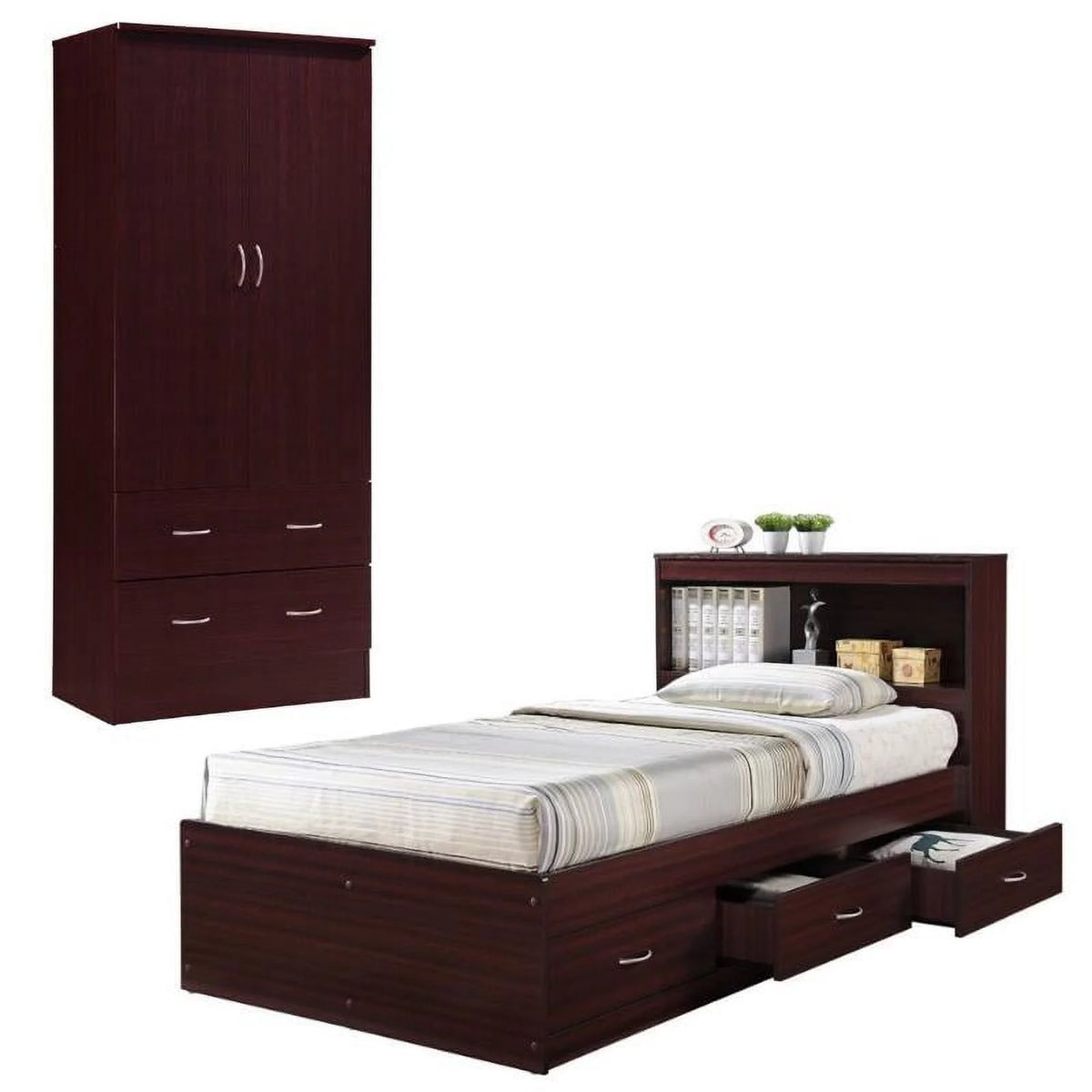 2 Piece Bedroom Set with Captain Bed and 2 Door Armoire in Mahogany M917