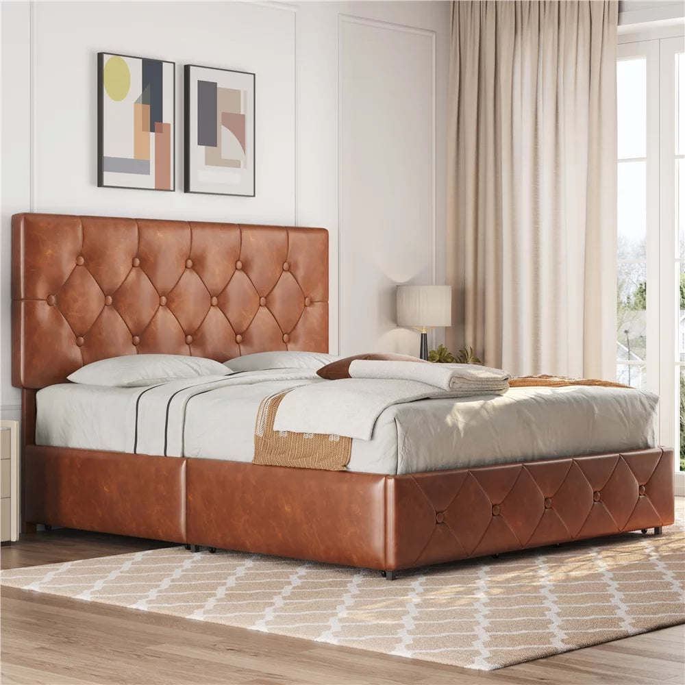 Black Queen Upholstered Platform Bed with Storage S7576