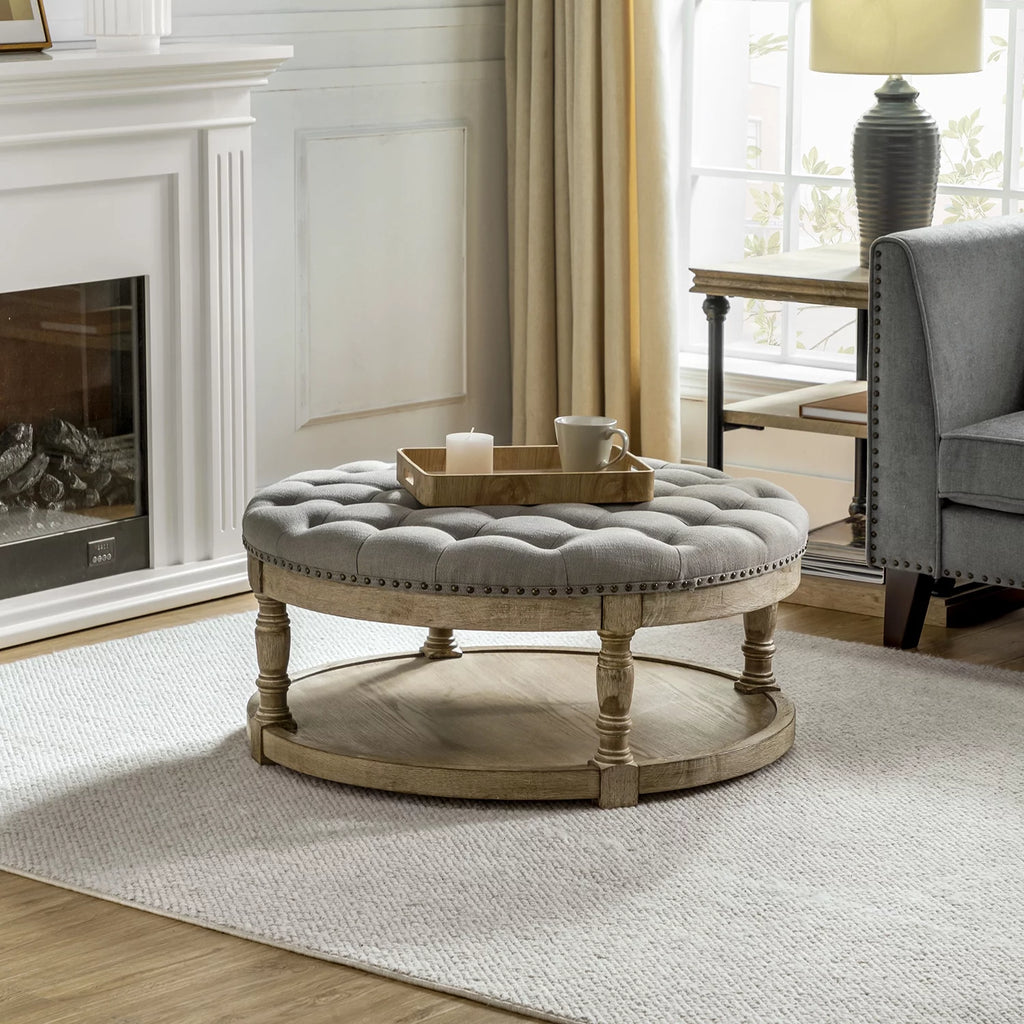 Grey Tufted Round Storage Ottoman Q872649
