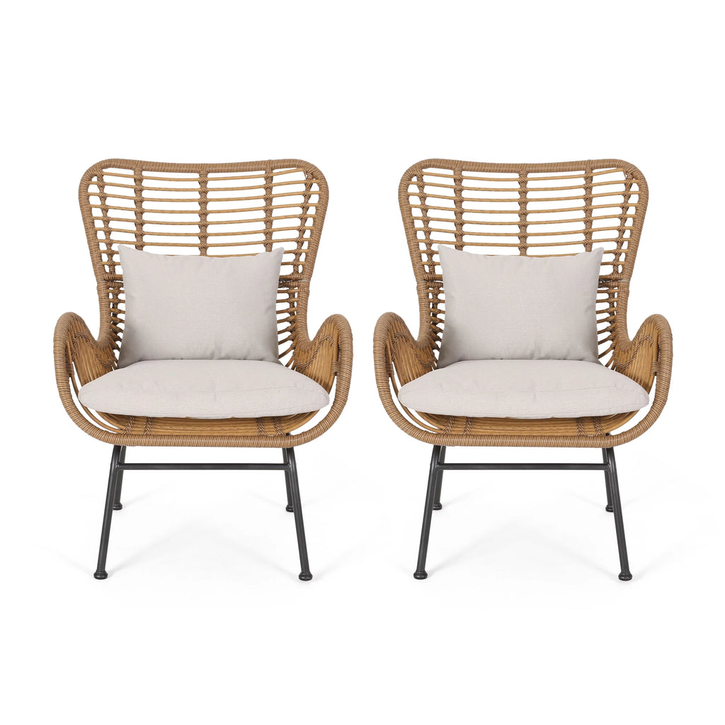 Light Brown and Beige Wicker Club Chairs with Cushions, Set of 2 U197