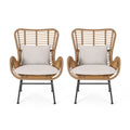 Light Brown and Beige Wicker Club Chairs with Cushions, Set of 2 U197