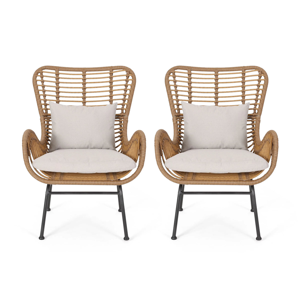Light Brown and Beige Wicker Club Chairs with Cushions, Set of 2 U197