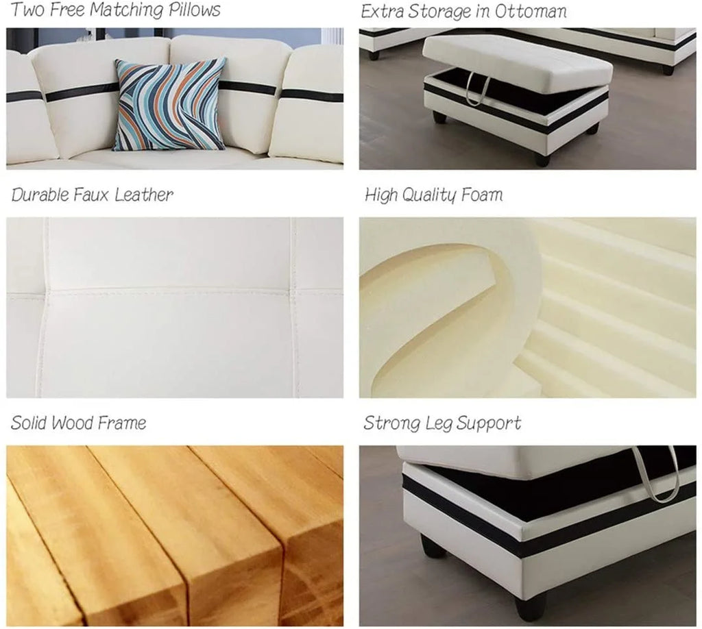 White Faux Leather L-Shaped Sectional Sofa Set T355