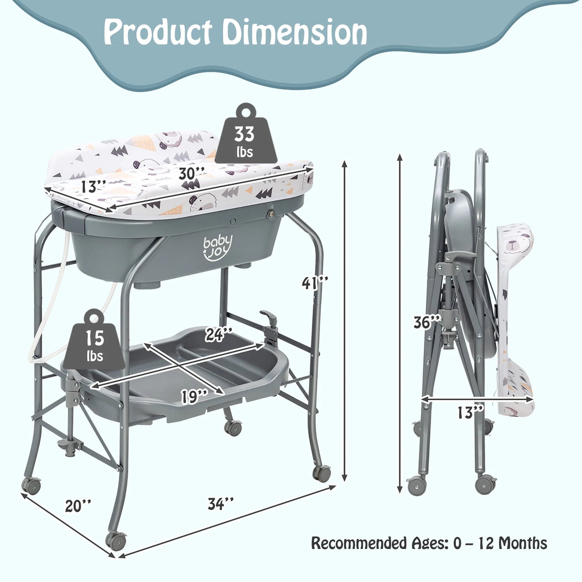 Baby Changing Table with Bathtub Portable Diaper Station with Wheels Gray M608347