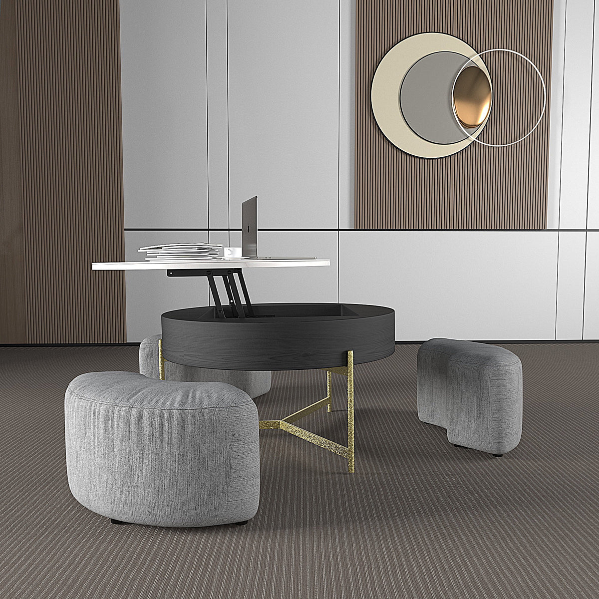 Lift-Top Coffee Table with 3 Stools White Black D4137