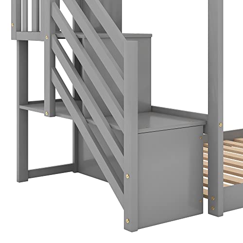 Twin Over Twin Solid Wood Bunk Bed with Slide and Storage Stairs P776411