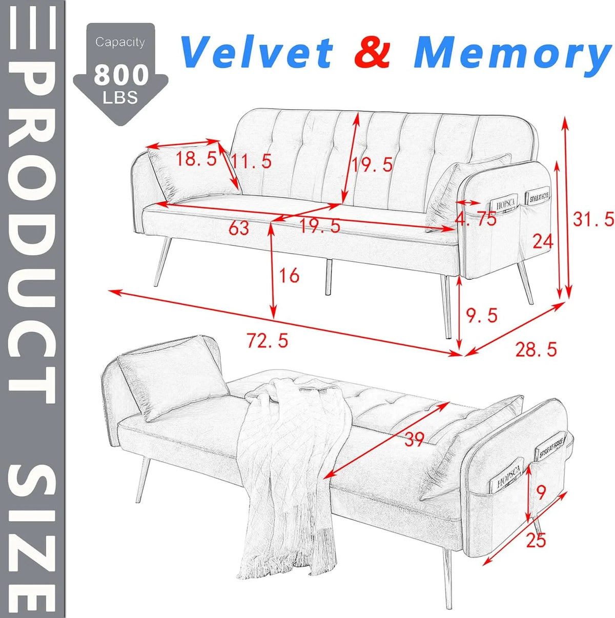 Grey Velvet Convertible Folding Sofa Bed O825
