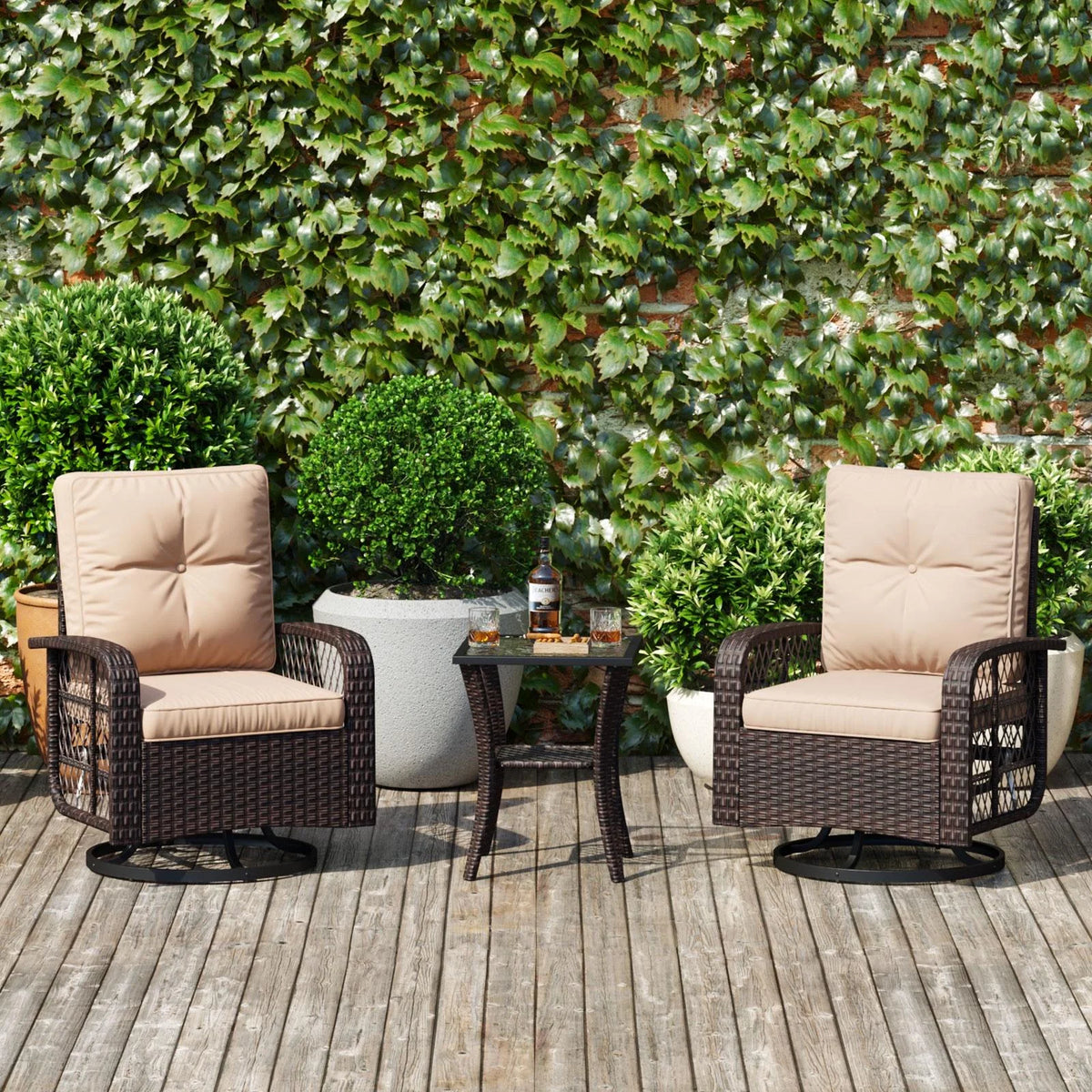 3 Piece Swivel Rocking Wicker Patio Chairs Set with Beige Cushions I80836
