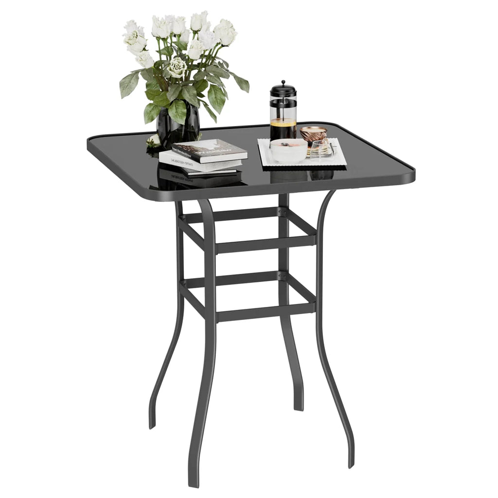 Outdoor High Bar Bistro Chair and Tempered Glass Table Set of 3, Light Brown, Steel R817