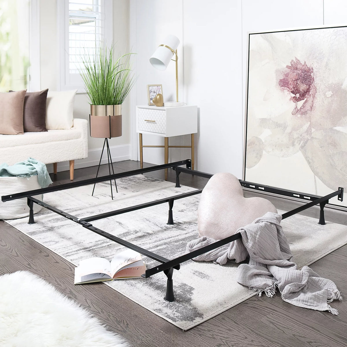 Adjustable Metal Bed Frame with Center Support, Twin to Queen, Black D65499