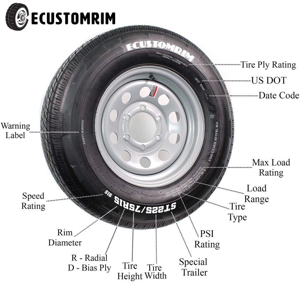 ST225/75R15 15 D 6 Lug White Spoke Trailer Tire On Rim B310268