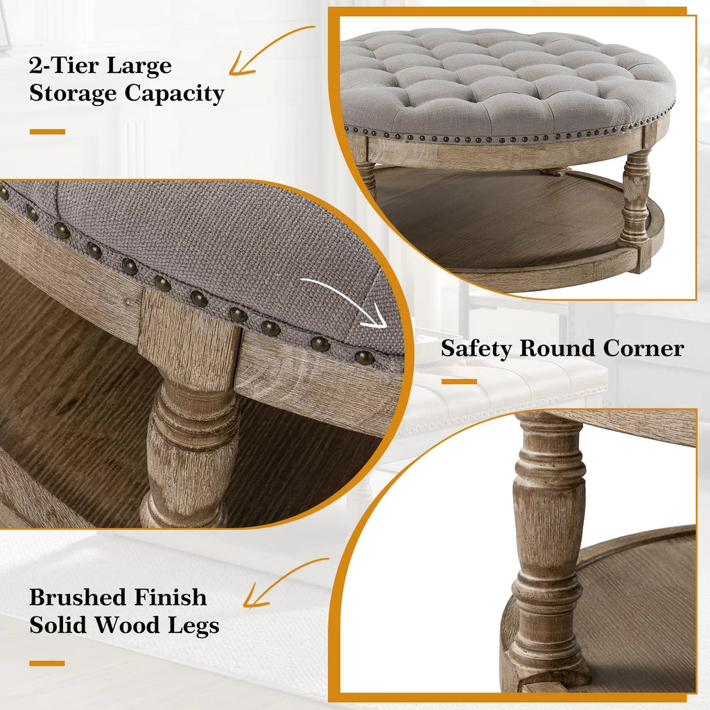 Grey Tufted Round Storage Ottoman Q872649