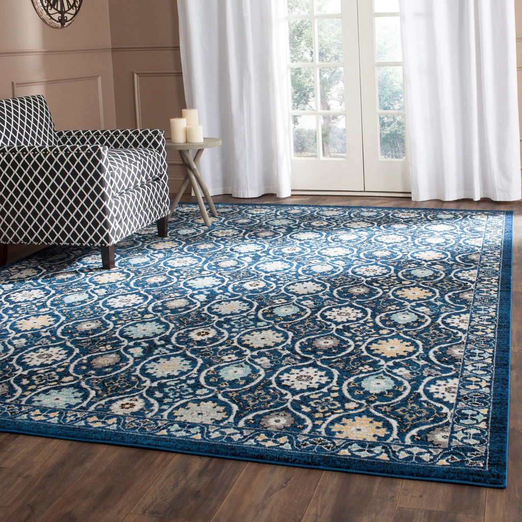 Ivory Blue Floral Geometric Area Rug 8' x 10' A887