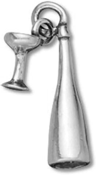 Sterling Silver 3D Moveable Champagne Bottle With Glass Charm A9199