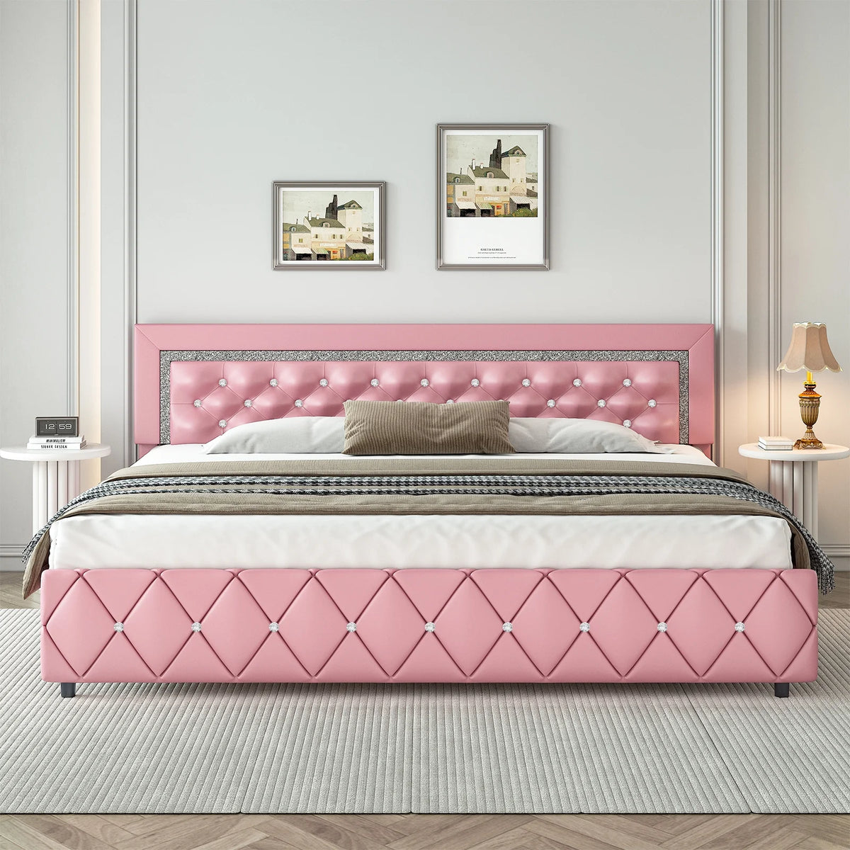 King Upholstered Platform Bed Frame with PU Faux Leather Tufted Headboard W796975