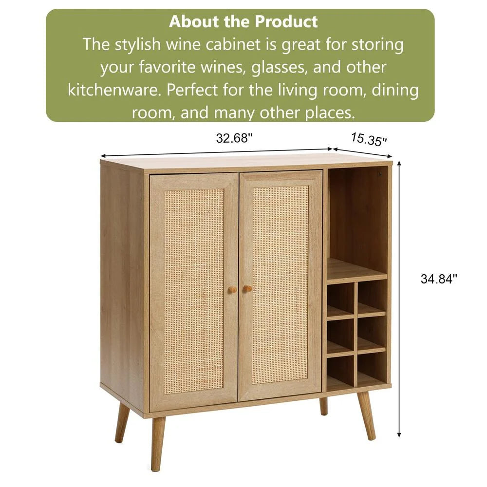 Light Oak Engineered Wood Rattan Wine and Storage Cabinet J73235
