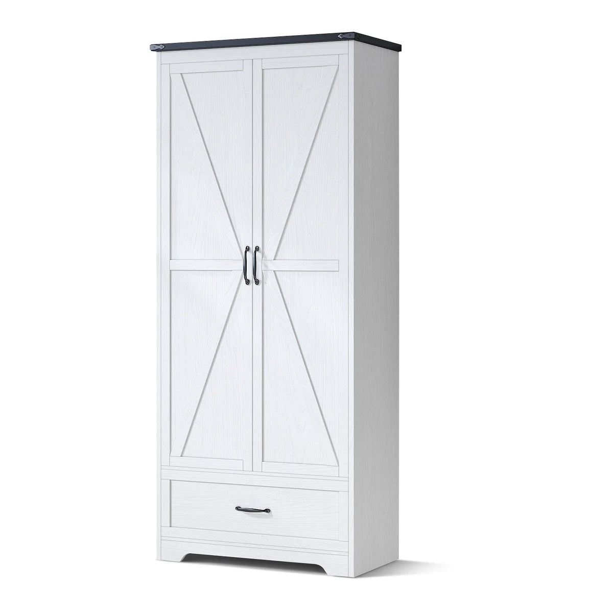 71" Tall White Wood Kitchen Pantry with Drawer & 2 Barn Doors P537