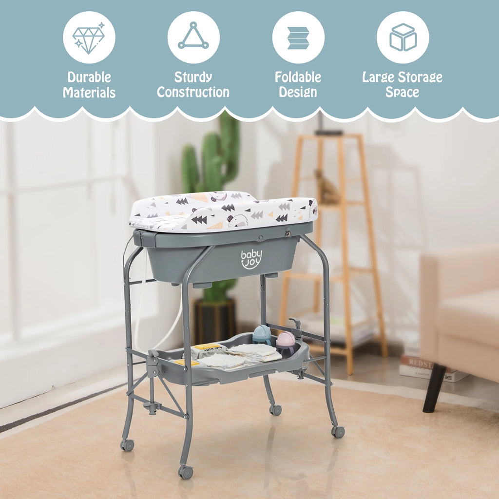 Baby Changing Table with Bathtub Portable Diaper Station with Wheels Gray M608347