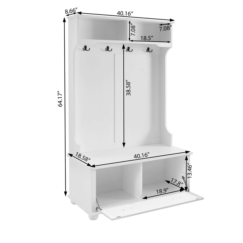 White Hall Tree Bench with Coat Rack and Shoe Cabinet K253