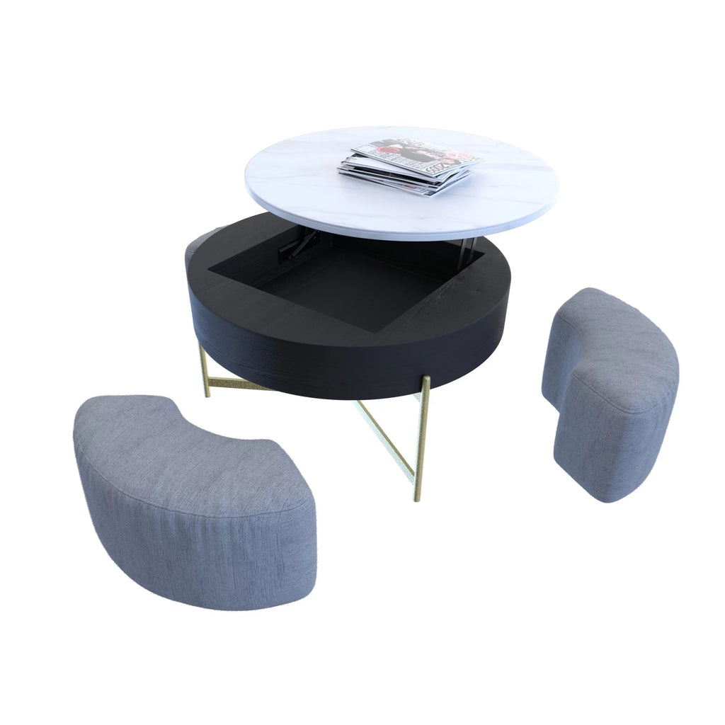 Lift-Top Coffee Table with 3 Stools White Black D4137