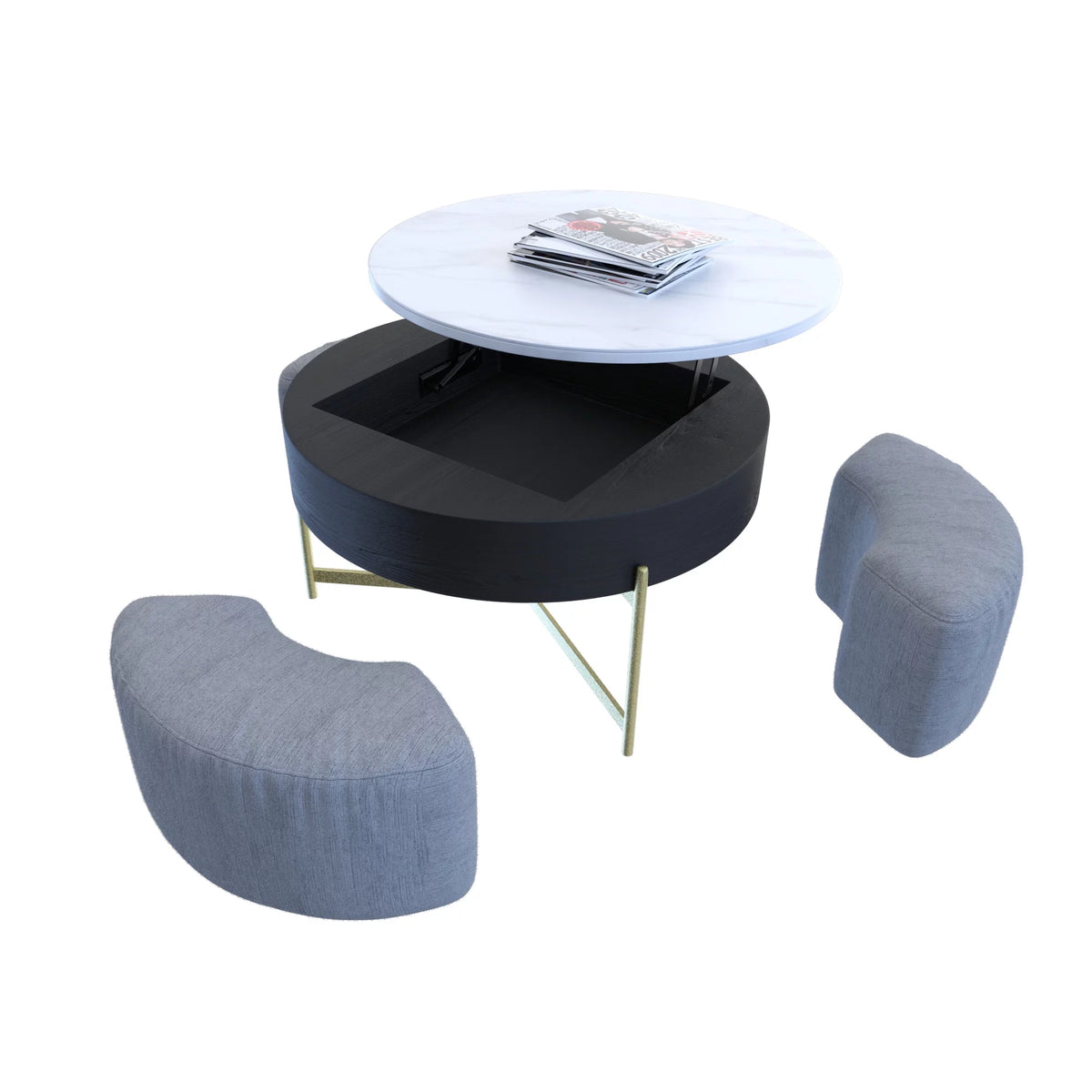 Lift-Top Coffee Table with 3 Stools White Black D4137