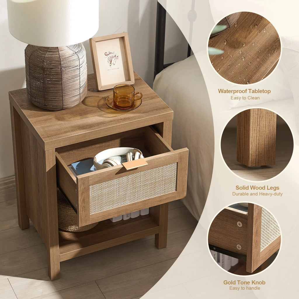 Oak Rattan Nightstand Set of 2 with Drawer and Storage Shelf Z78639