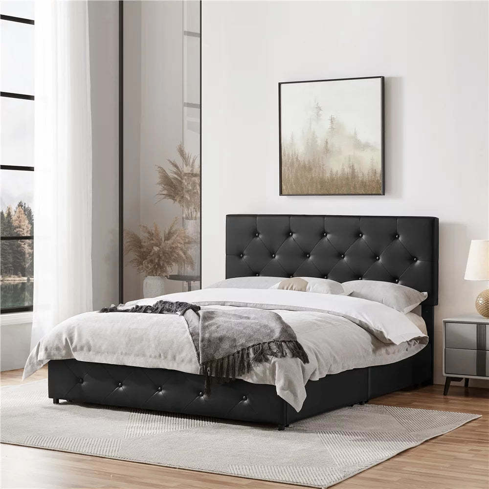 Black Queen Upholstered Platform Bed with Storage S7576