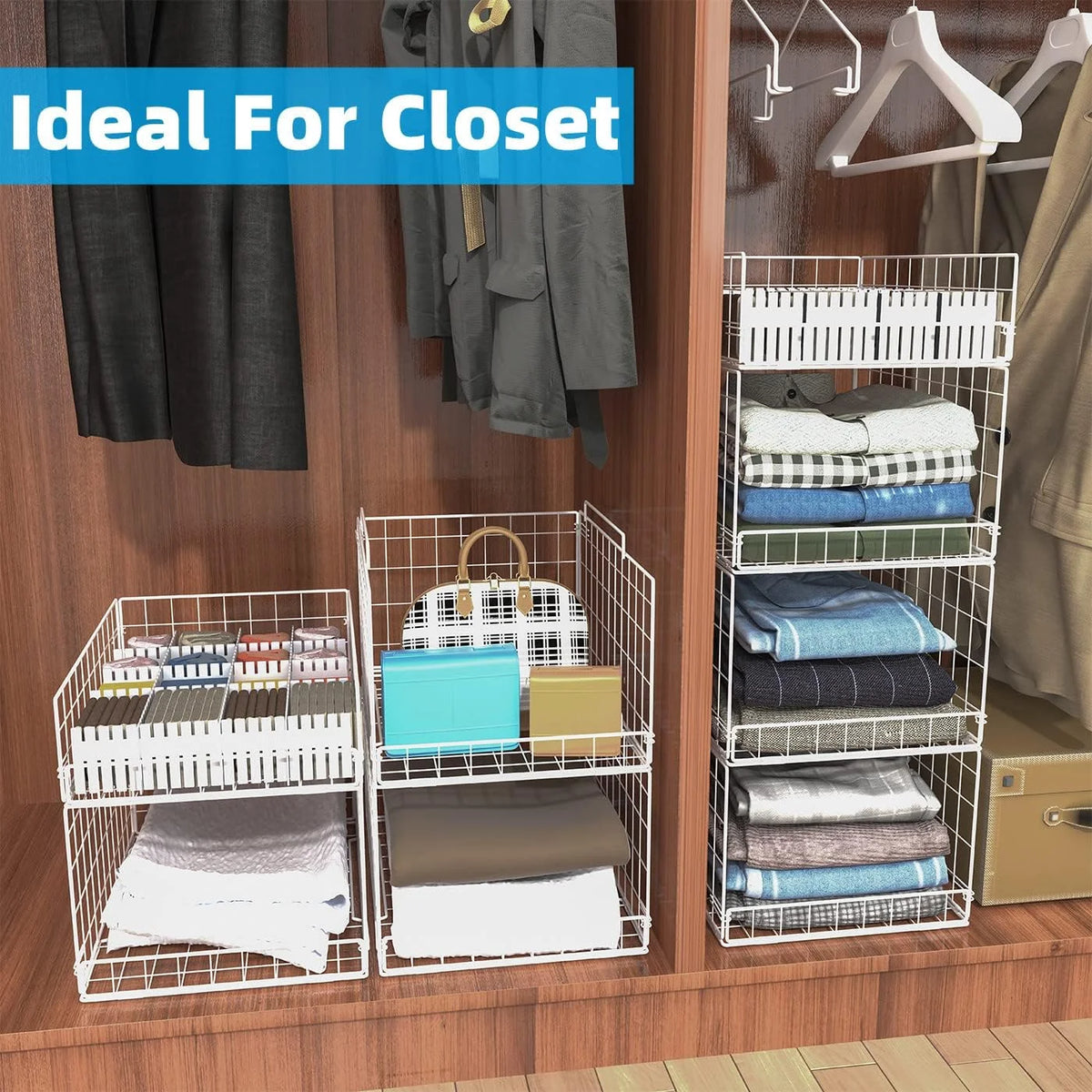 4 Tier Stackable Metal Wire Storage Basket with Dividers, White S862