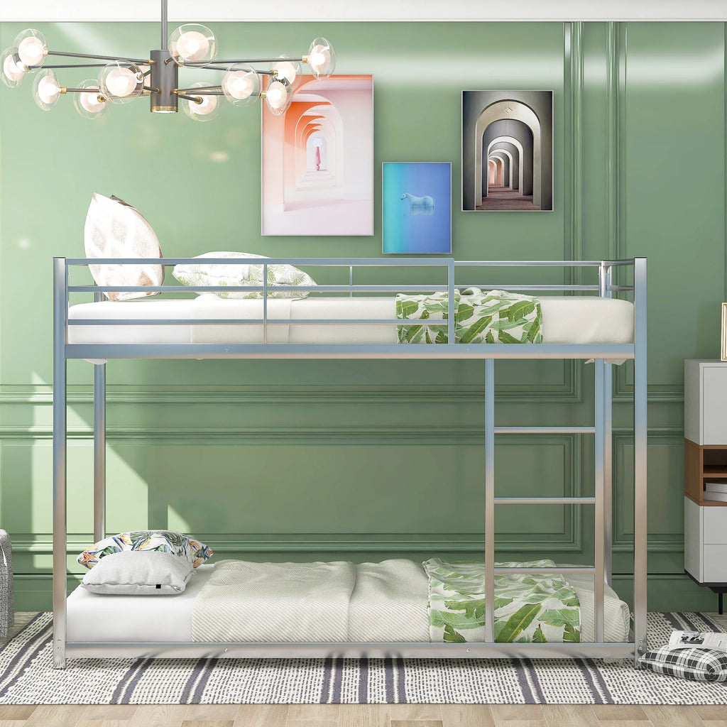 Metal Twin over Twin Low Bunk Bed with Ladder and Safety Guardrails H62058
