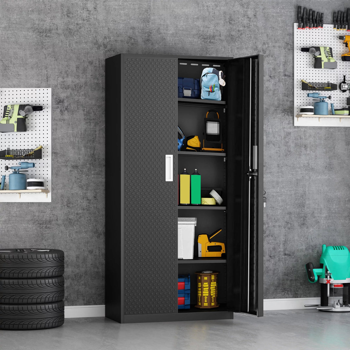 Tall Metal Storage Garage Cabinets with Locking Doors and 4 Adjustable Shelves K52099