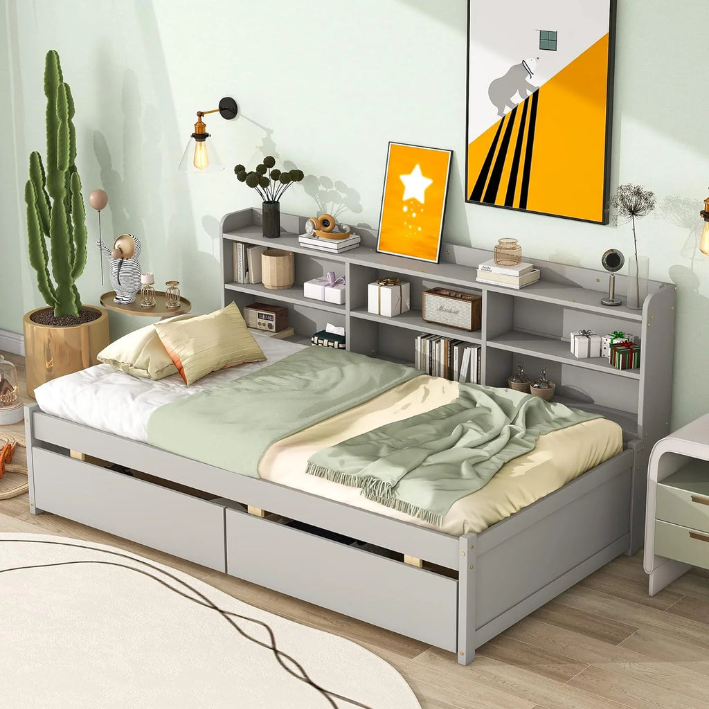 Grey Wood Bed with 2 Storage Drawers C5152