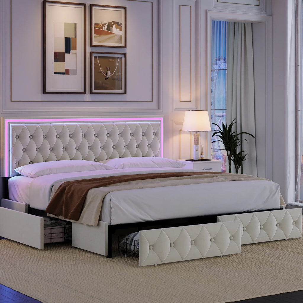 Queen LED Platform Bed Frame with 4 Storage Drawers H917478