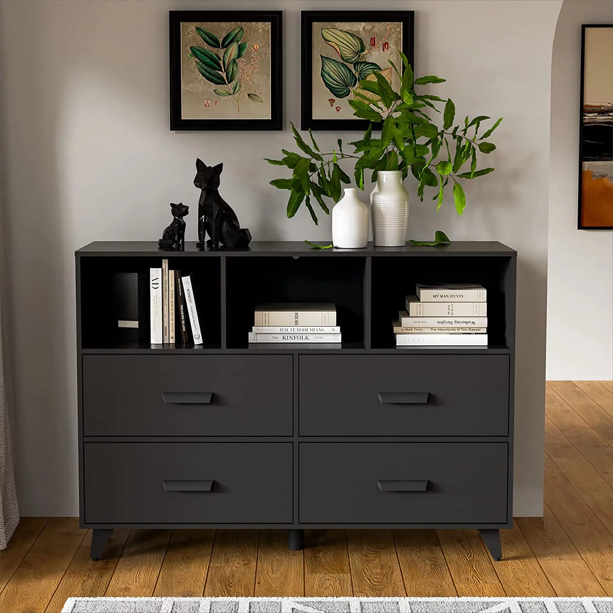 White 4 Drawer Dresser with 3 Open Shelves B6069