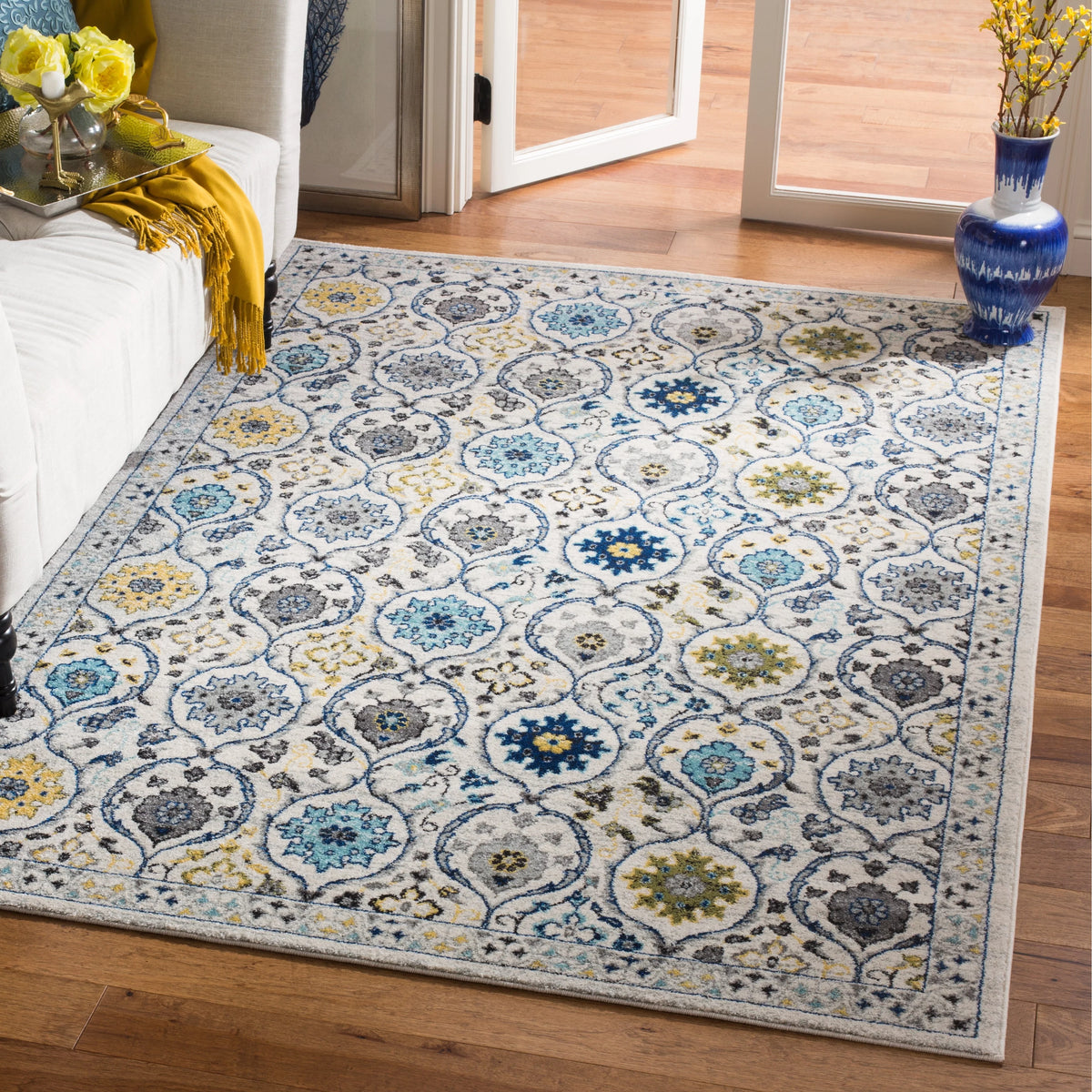 Ivory Blue Floral Geometric Area Rug 8' x 10' A887