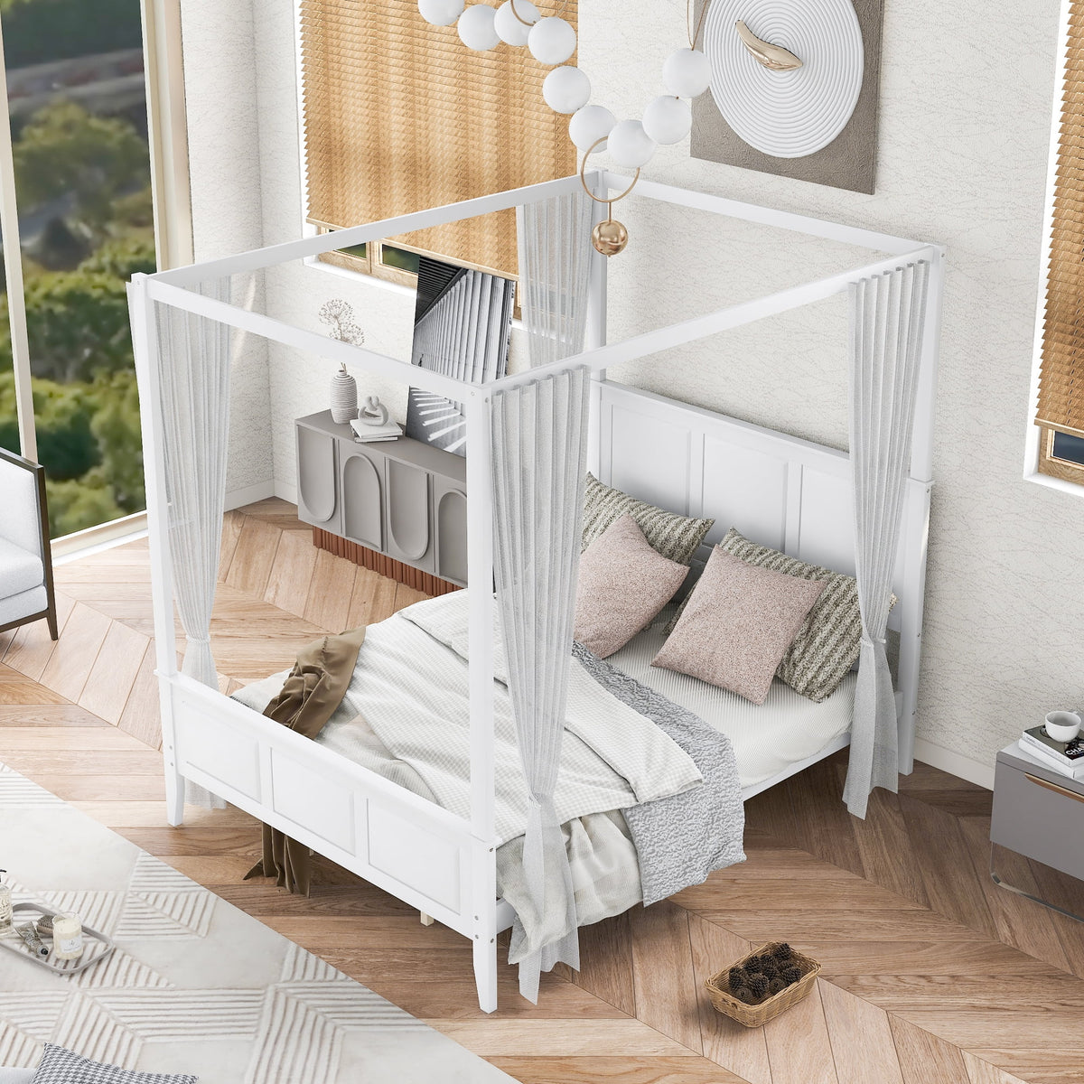 Queen Size Canopy Platform Bed with Slat Support Leg White R135
